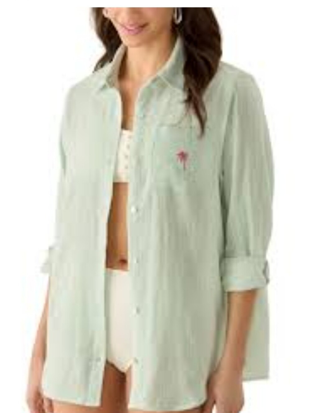 Surf Gypsy Cotton Beach Button Down Cover Up Shirt In Mint